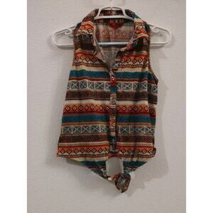 Southwest Design Hot Kiss Sleeveless Button Up Women Top Sz Medium Tie at Bottom